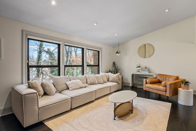 living room with lofted ceiling and hardwood / wood-style floors