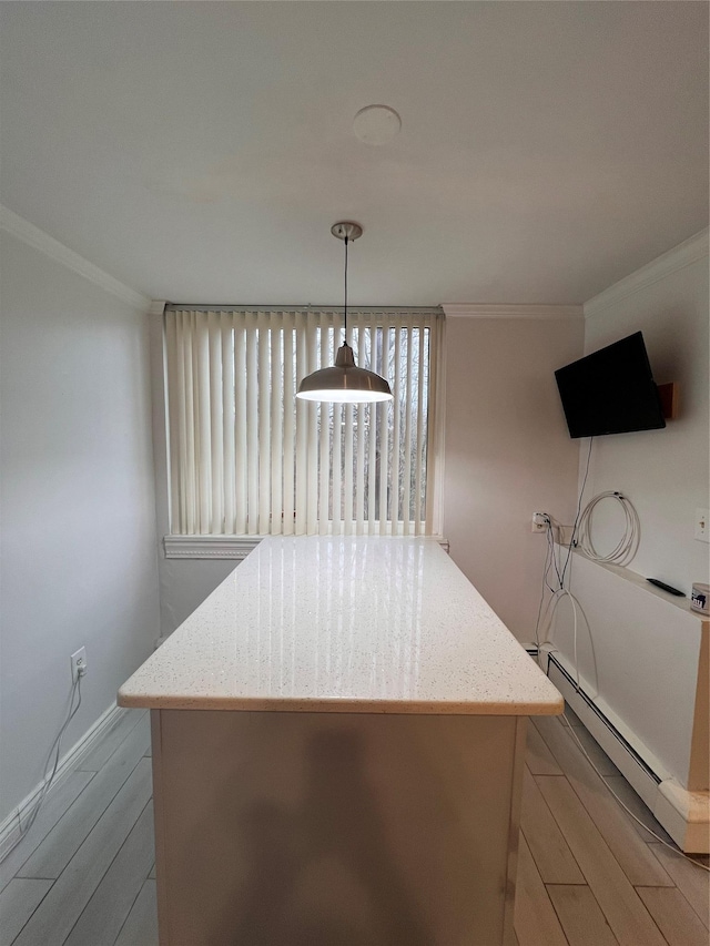 kitchen featuring crown molding, light wood-type flooring, hanging light fixtures, and a baseboard heating unit