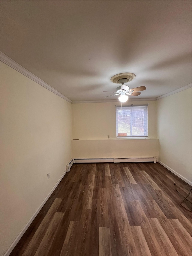 unfurnished room with crown molding, ceiling fan, dark wood-type flooring, and a baseboard heating unit