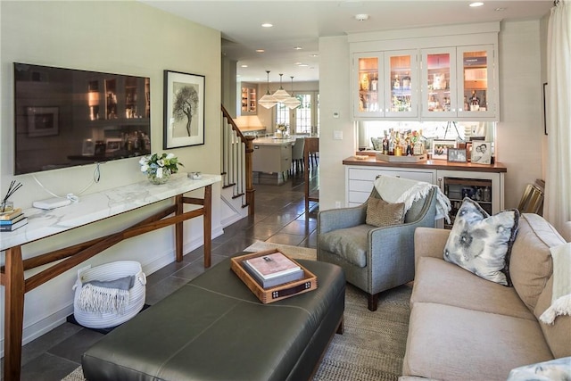 42 Masterton Rd, Bronxville, NY 10708 - tiled living area featuring recessed lighting, a bar, and stairs