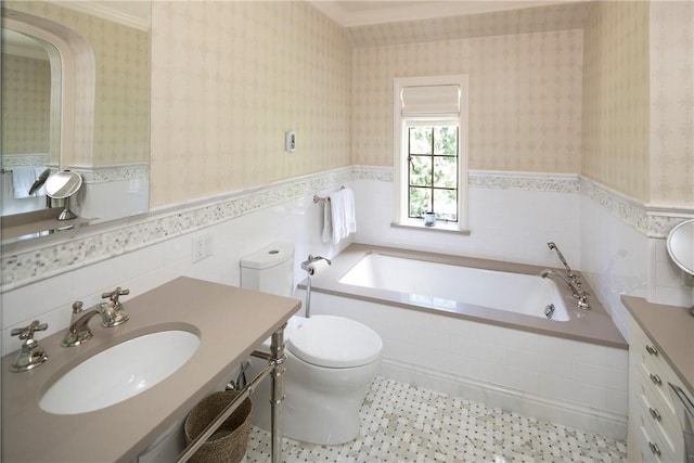 42 Masterton Rd, Bronxville, NY 10708 - full bath featuring vanity, a bath, a wainscoted wall, wallpapered walls, and toilet