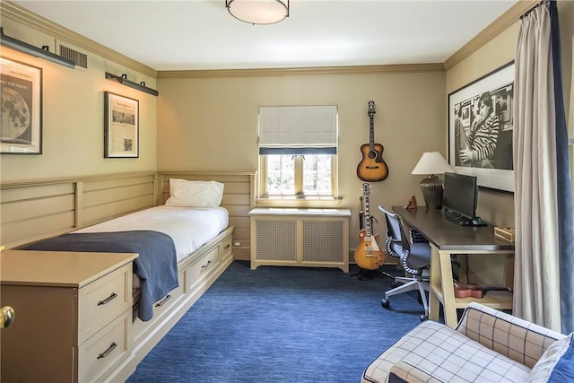 42 Masterton Rd, Bronxville, NY 10708 - bedroom featuring visible vents, radiator heating unit, dark carpet, and crown molding