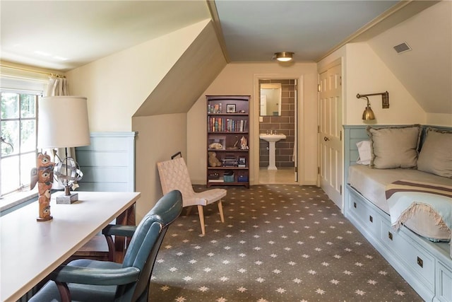 42 Masterton Rd, Bronxville, NY 10708 - office area featuring lofted ceiling, carpet, and visible vents