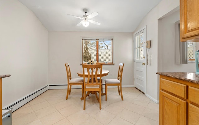 dining room featuring ceiling fan and a baseboard radiator