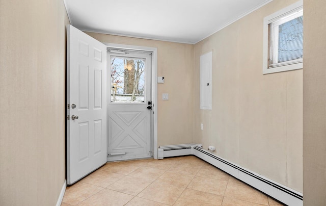 doorway to outside featuring light tile patterned floors and a baseboard heating unit