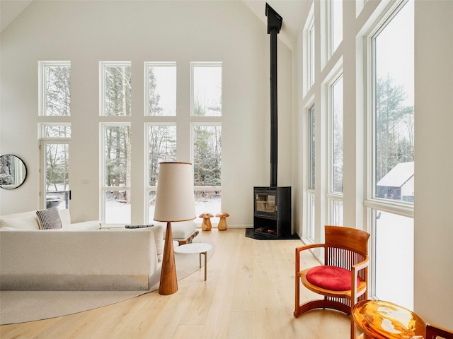 sitting room with a high ceiling, wood-type flooring, and a wood stove