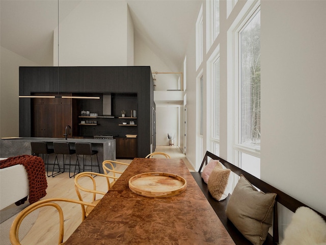 dining space featuring sink, high vaulted ceiling, and light hardwood / wood-style flooring