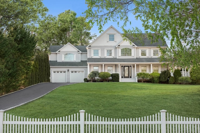 view of front of home featuring a garage, covered porch, and a front lawn