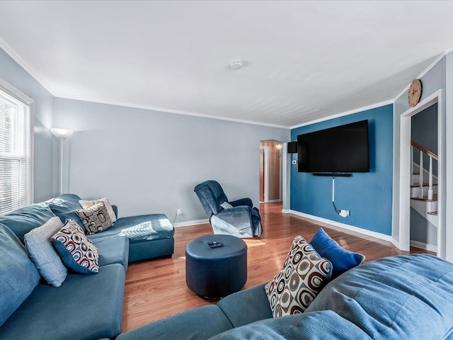 living room with crown molding and wood-type flooring