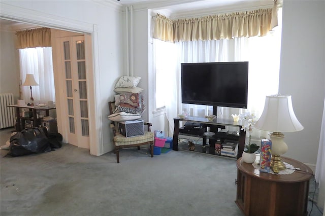 interior space featuring radiator heating unit, ornamental molding, and french doors