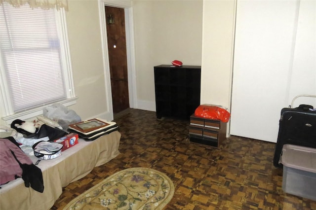 living area featuring dark parquet flooring