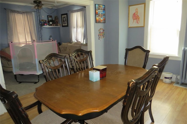 dining room featuring hardwood / wood-style flooring and ceiling fan