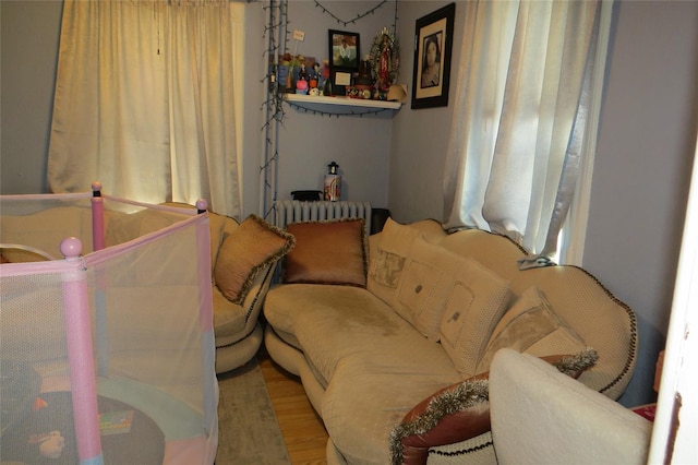 living room with radiator heating unit and hardwood / wood-style floors