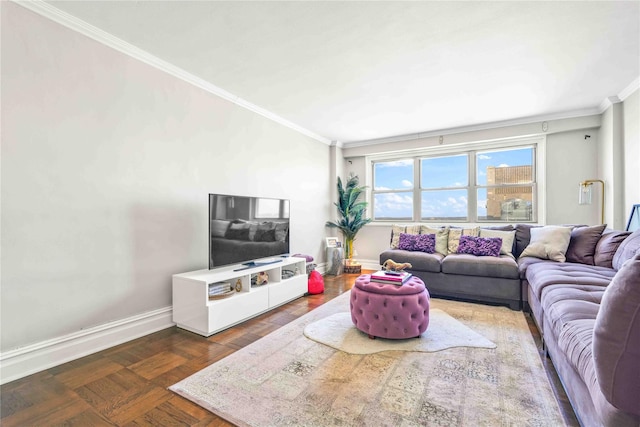 living room featuring ornamental molding and dark parquet floors