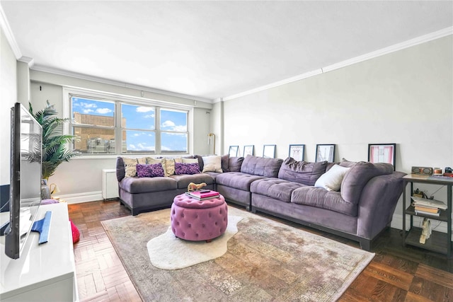 living room featuring ornamental molding and dark parquet floors