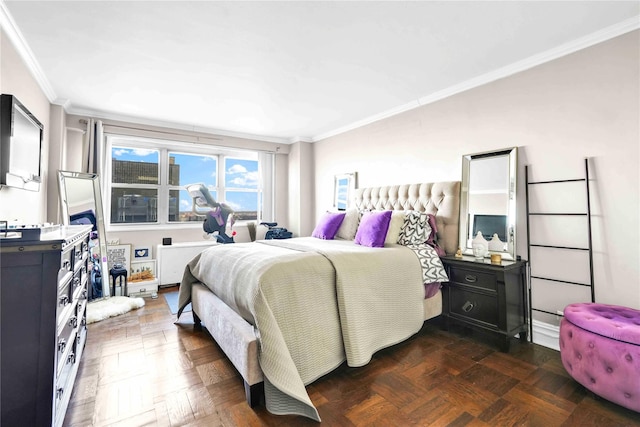 bedroom with ornamental molding, dark parquet floors, and radiator heating unit