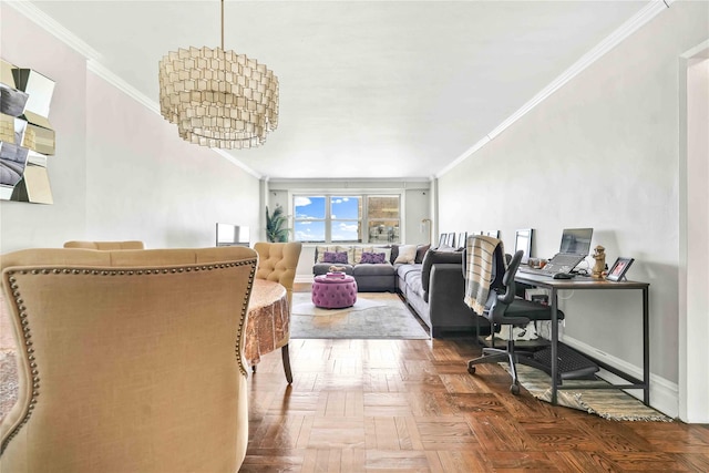 living room featuring parquet floors, a notable chandelier, and ornamental molding