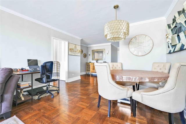 dining space with ornamental molding, a notable chandelier, and dark parquet floors