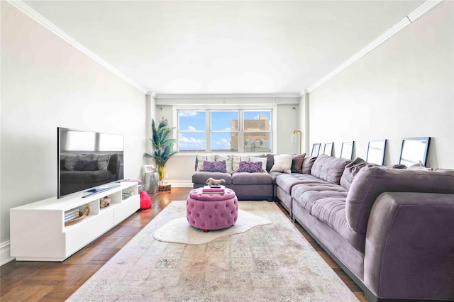 living room featuring ornamental molding and dark parquet flooring