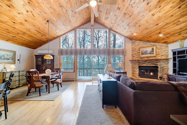 living area featuring wood finished floors, high vaulted ceiling, a wall mounted AC, a stone fireplace, and wood ceiling