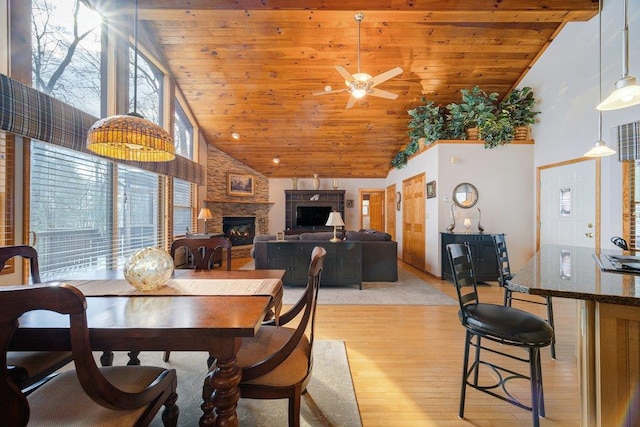 161 Barker Rd, Glen Spey, NY 12737 - dining space featuring high vaulted ceiling, light wood finished floors, wood ceiling, a ceiling fan, and a fireplace