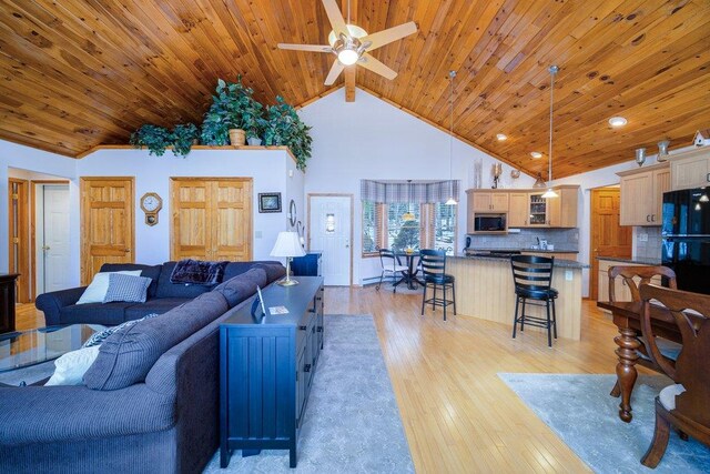 161 Barker Rd, Glen Spey, NY 12737 - living room with wooden ceiling, high vaulted ceiling, ceiling fan, and light wood-style floors