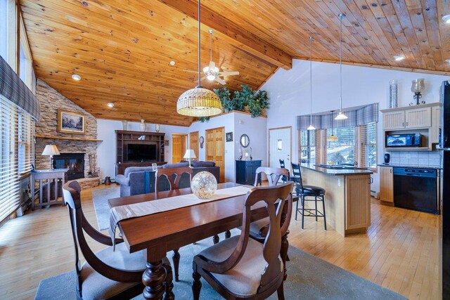 161 Barker Rd, Glen Spey, NY 12737 - dining area featuring high vaulted ceiling, a fireplace, wooden ceiling, light wood finished floors, and a ceiling fan