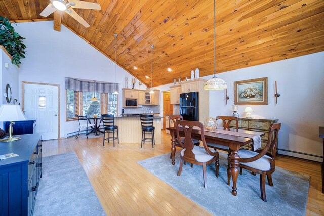 161 Barker Rd, Glen Spey, NY 12737 - dining space with a baseboard heating unit, high vaulted ceiling, ceiling fan, light wood-style flooring, and wood ceiling