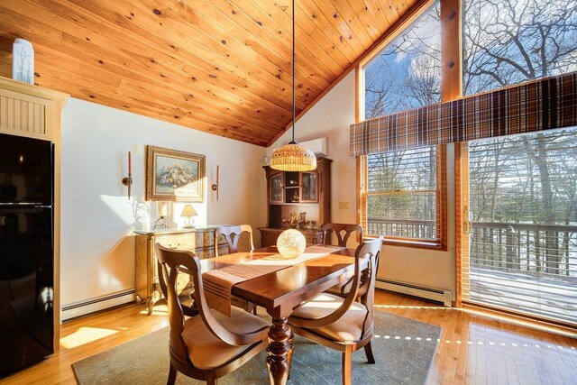 161 Barker Rd, Glen Spey, NY 12737 - dining space with baseboard heating, light wood finished floors, a wall mounted air conditioner, wood ceiling, and high vaulted ceiling