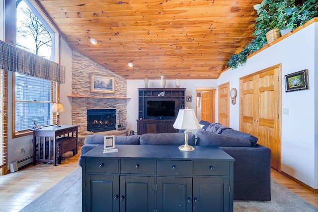 161 Barker Rd, Glen Spey, NY 12737 - living area with a baseboard radiator, lofted ceiling, wooden ceiling, a stone fireplace, and light wood-type flooring