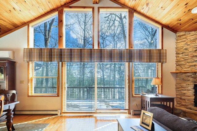 161 Barker Rd, Glen Spey, NY 12737 - living area with a baseboard radiator, a wall mounted AC, vaulted ceiling, wood finished floors, and wood ceiling