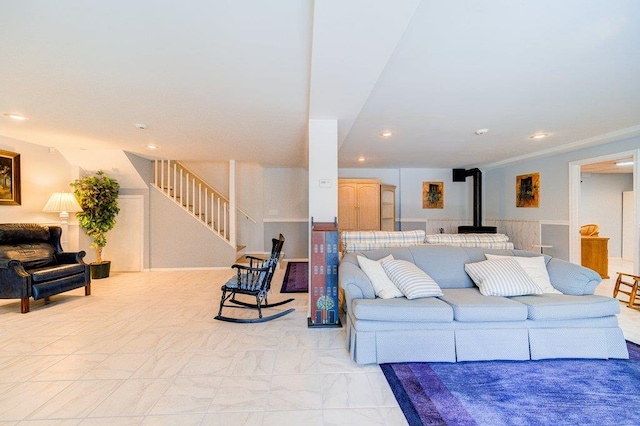 161 Barker Rd, Glen Spey, NY 12737 - living area with stairs, a wood stove, recessed lighting, and light marble finish floors