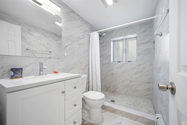 bathroom featuring vanity, toilet, baseboard heating, and a shower with curtain