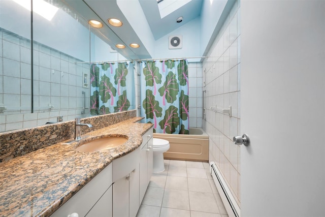 full bathroom with shower / tub combo with curtain, baseboard heating, tile patterned flooring, vaulted ceiling with skylight, and toilet