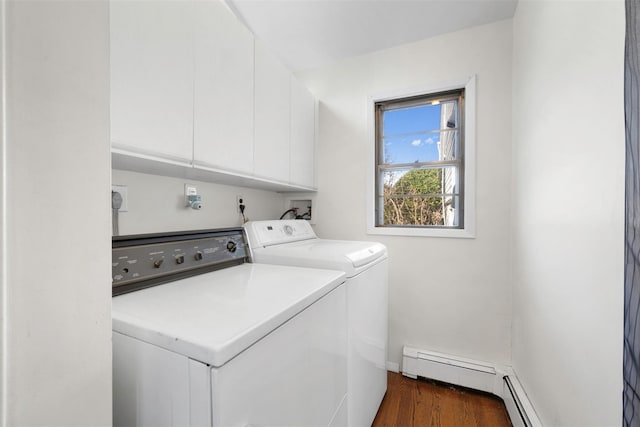 laundry room with cabinets, separate washer and dryer, dark hardwood / wood-style flooring, and baseboard heating