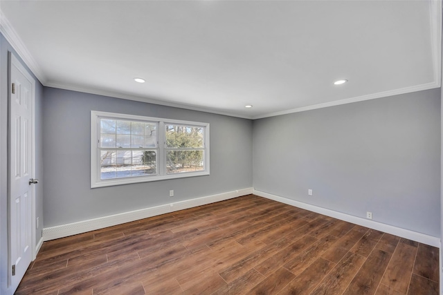 unfurnished room featuring crown molding and dark hardwood / wood-style flooring