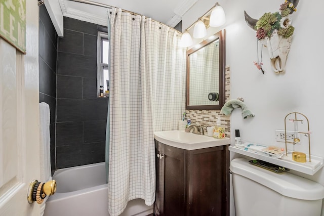 full bathroom with toilet, ornamental molding, vanity, shower / bath combination with curtain, and backsplash