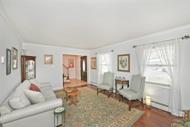 living room featuring crown molding, dark wood-type flooring, and baseboard heating