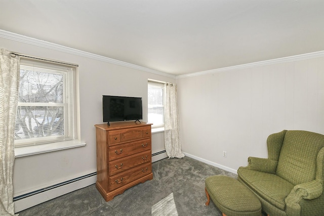 living area with baseboard heating, crown molding, and dark carpet