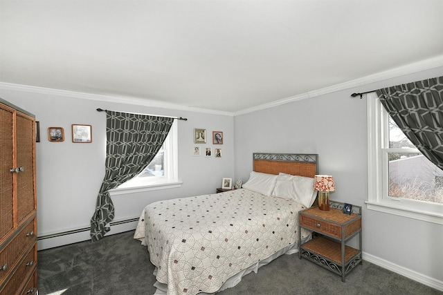 bedroom with multiple windows, ornamental molding, dark carpet, and a baseboard radiator