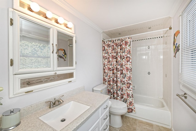 full bathroom featuring vanity, ornamental molding, toilet, and shower / bath combo with shower curtain