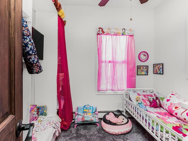 carpeted bedroom featuring ceiling fan