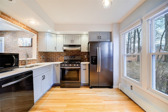 kitchen featuring gray cabinetry, sink, stainless steel appliances, and light wood-type flooring