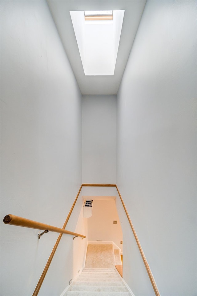 stairs with a skylight and carpet