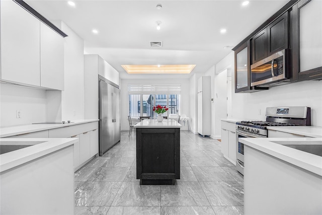 kitchen with appliances with stainless steel finishes, a tray ceiling, a center island, and white cabinets