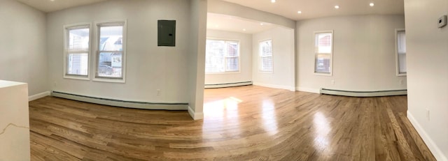 interior space with a baseboard radiator, electric panel, and wood-type flooring