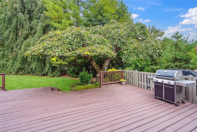 wooden deck featuring grilling area and a lawn