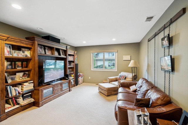 living room featuring light colored carpet