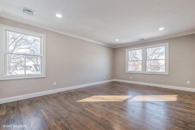 spare room featuring ornamental molding and a wealth of natural light