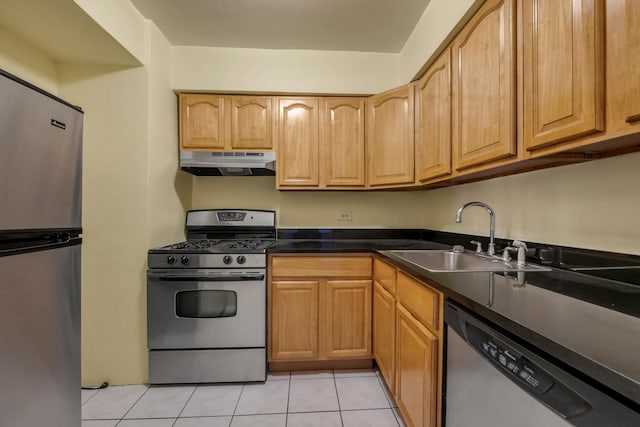 kitchen featuring stainless steel appliances, sink, and light tile patterned floors